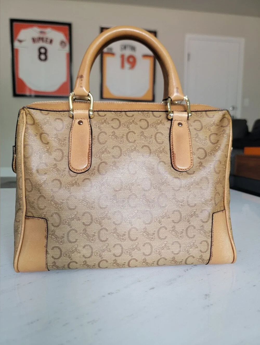 CELINE C Sulky Boston Bag Brown Tan Vintage Coated Canvas Leather